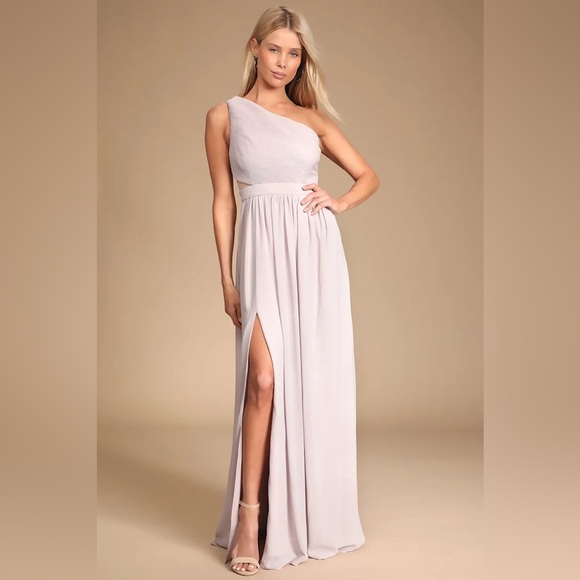 Lulu's 'Lovely Endings' Dusty Lilac One-Shoulder Pleated Maxi Dress, size Large - Picture 2 of 11